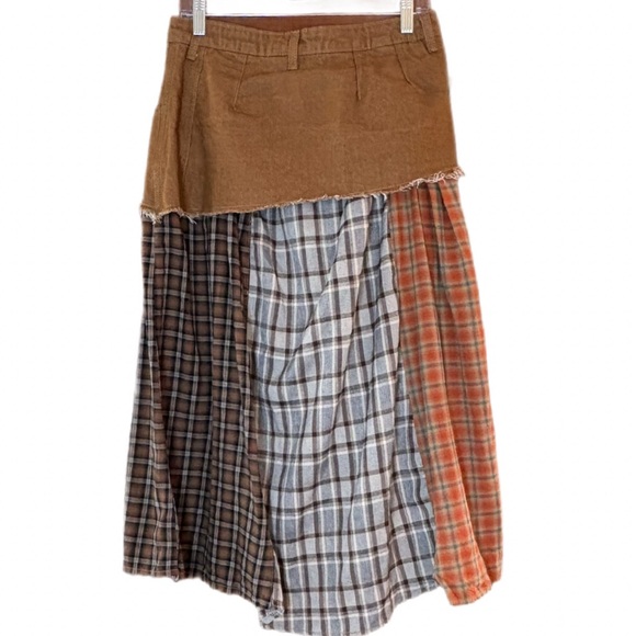 MICAS Western Patchwork Plaid Hi-Lo Skirt Raw Hem Boho Prairie Size L - Picture 3 of 10